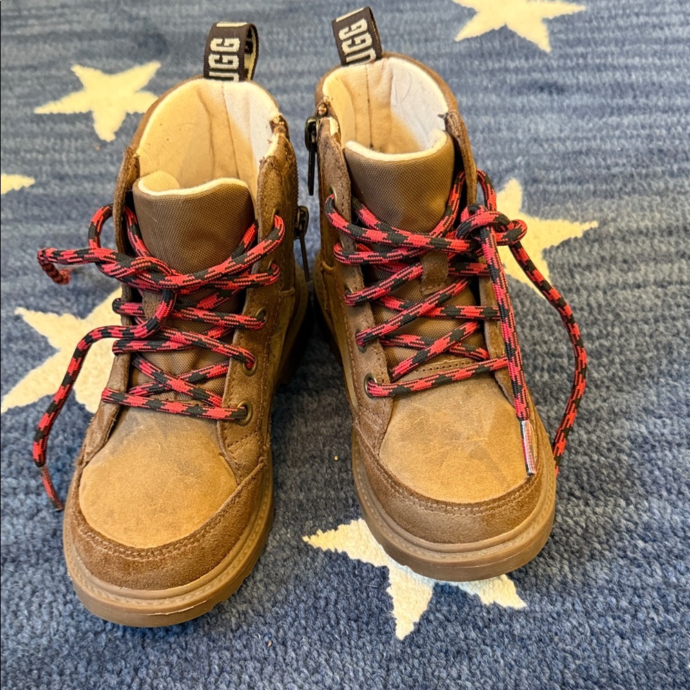 UGG Kids Tan Boots with Black and Red Laces